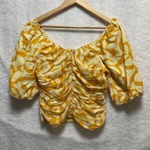 GAP Puff Sleeve Ruched Top Yellow Leaf Print Sweetheart Neck Size S Smocked
